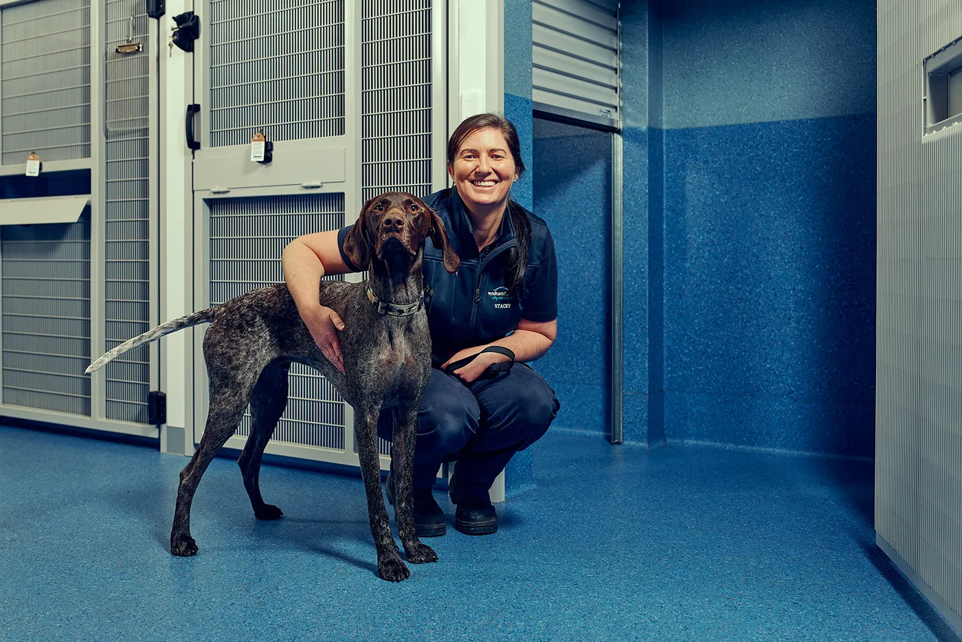 Woman and a dog at a workplace